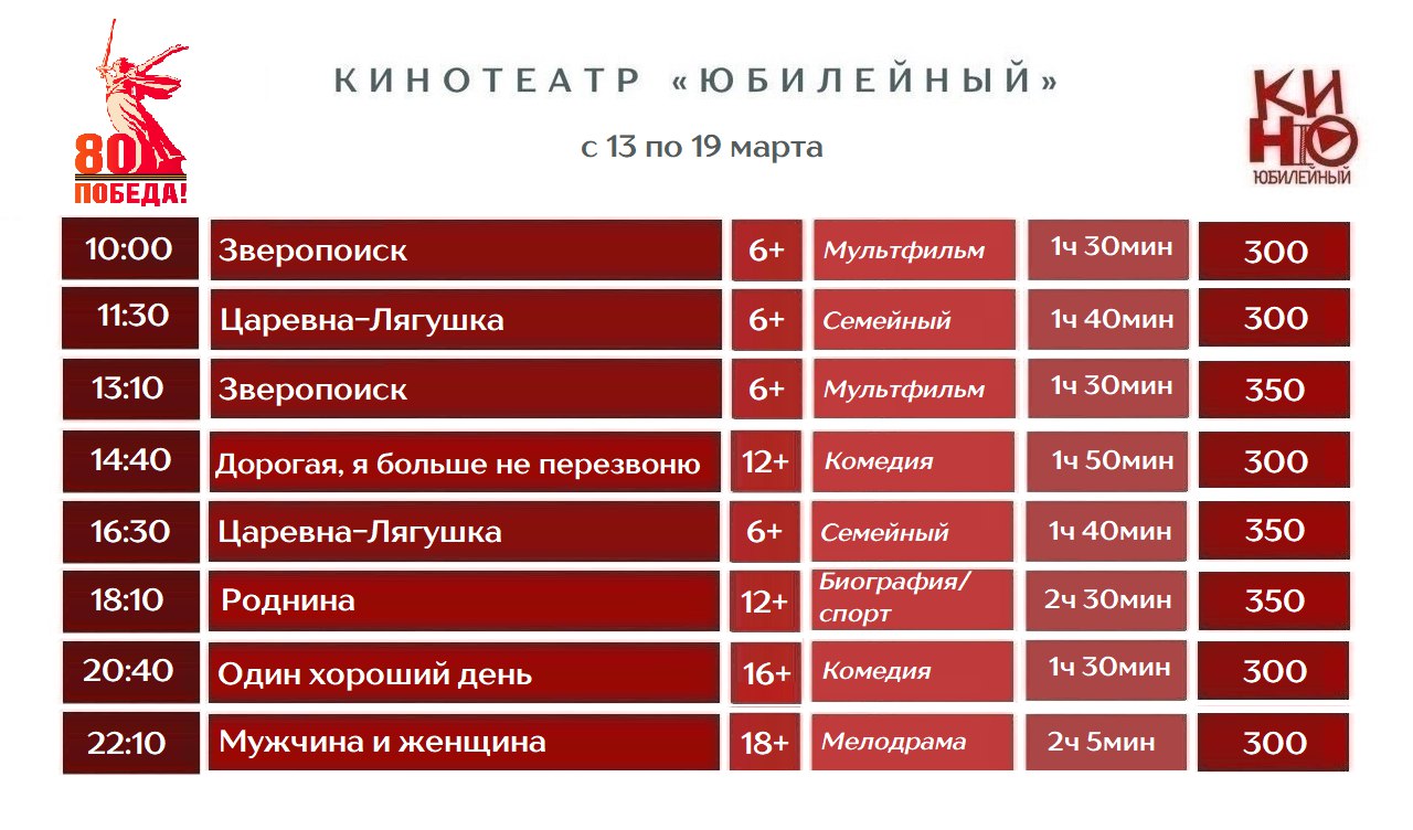Расписание в кинотеатре Юбилейный
