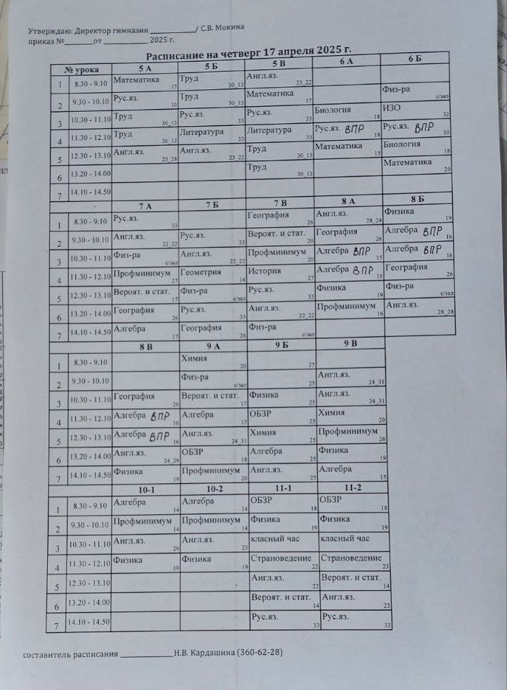 Расписание на 17.04.2025