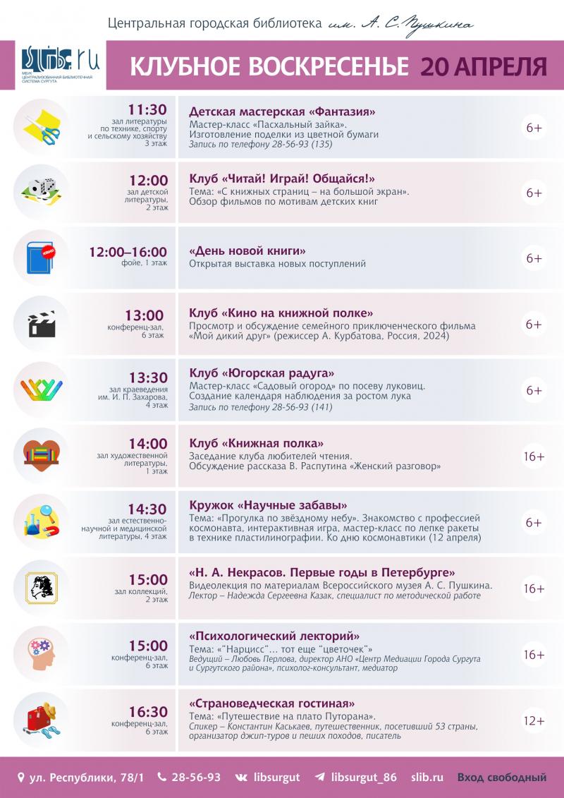 Клубное воскресенье в Центральной библиотеке 20 апреля 2025