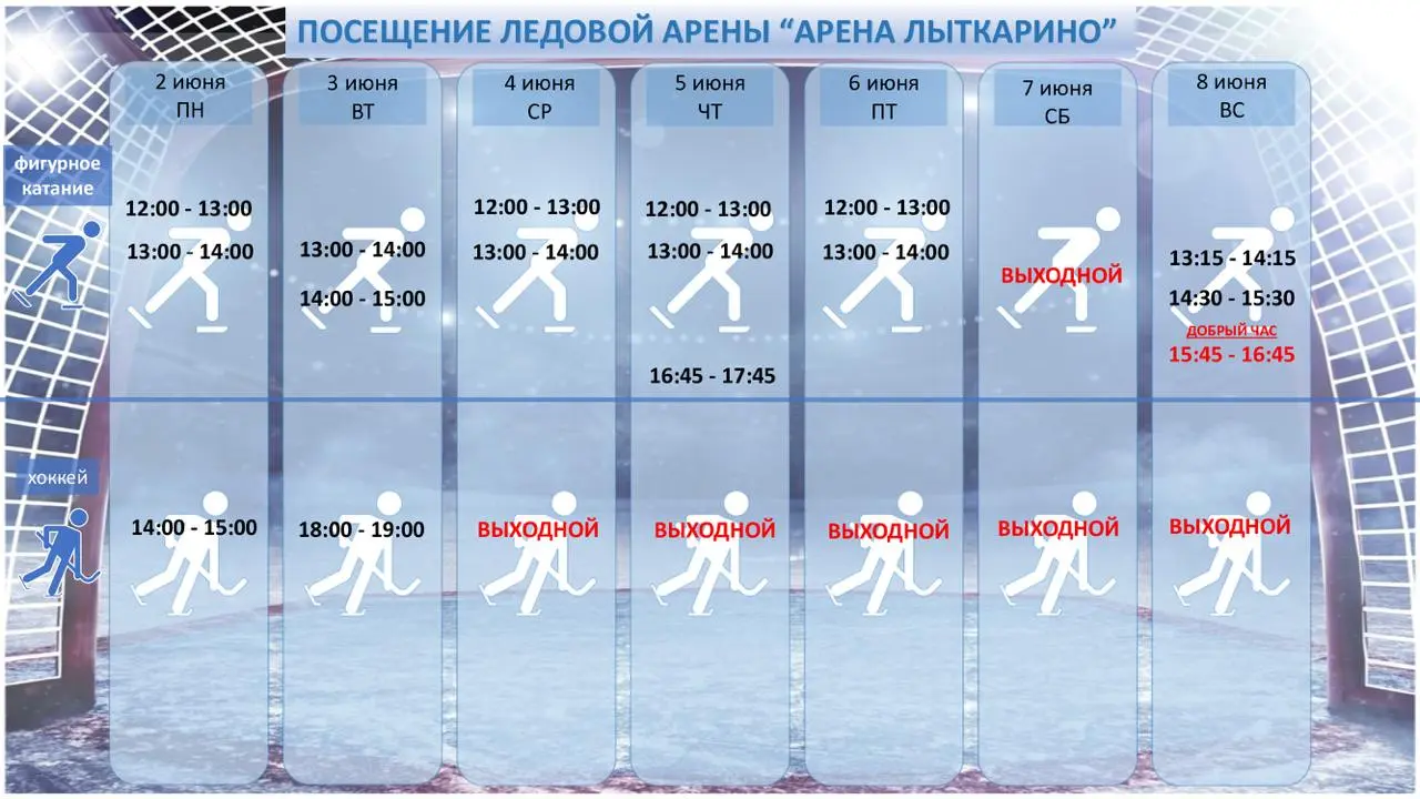 Расписание мероприятий в дворце спорта "Арена Лыткарино" с 2 по 8 июня 2025 года
