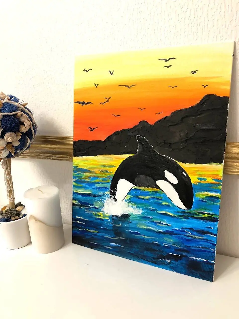 Картина на холсте: Море 🌊- касатка 🐋 - горы из текстурной пасты ⛰️