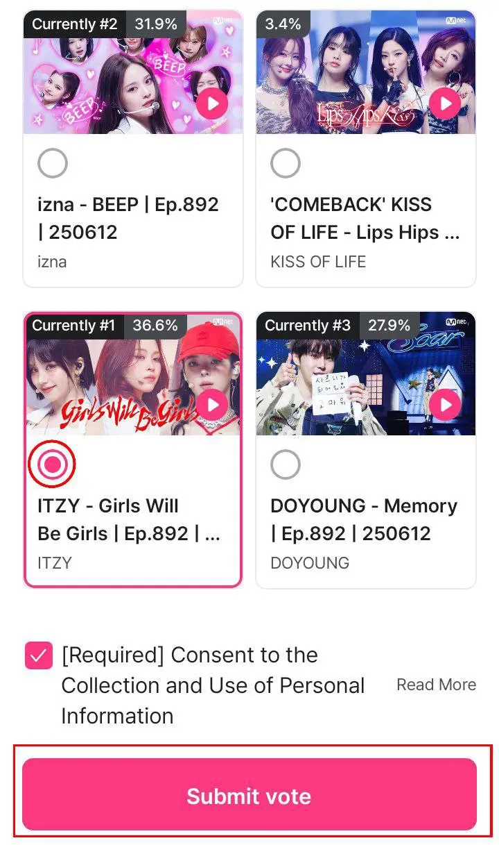 Голосование в приложении Mnet+ и призыв проголосовать за ITZY