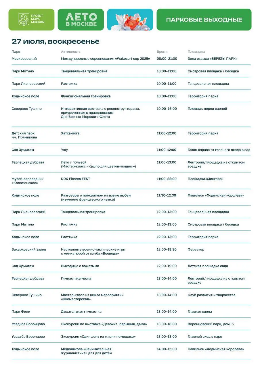 бесплатные мероприятия в парках на 25-27 июля