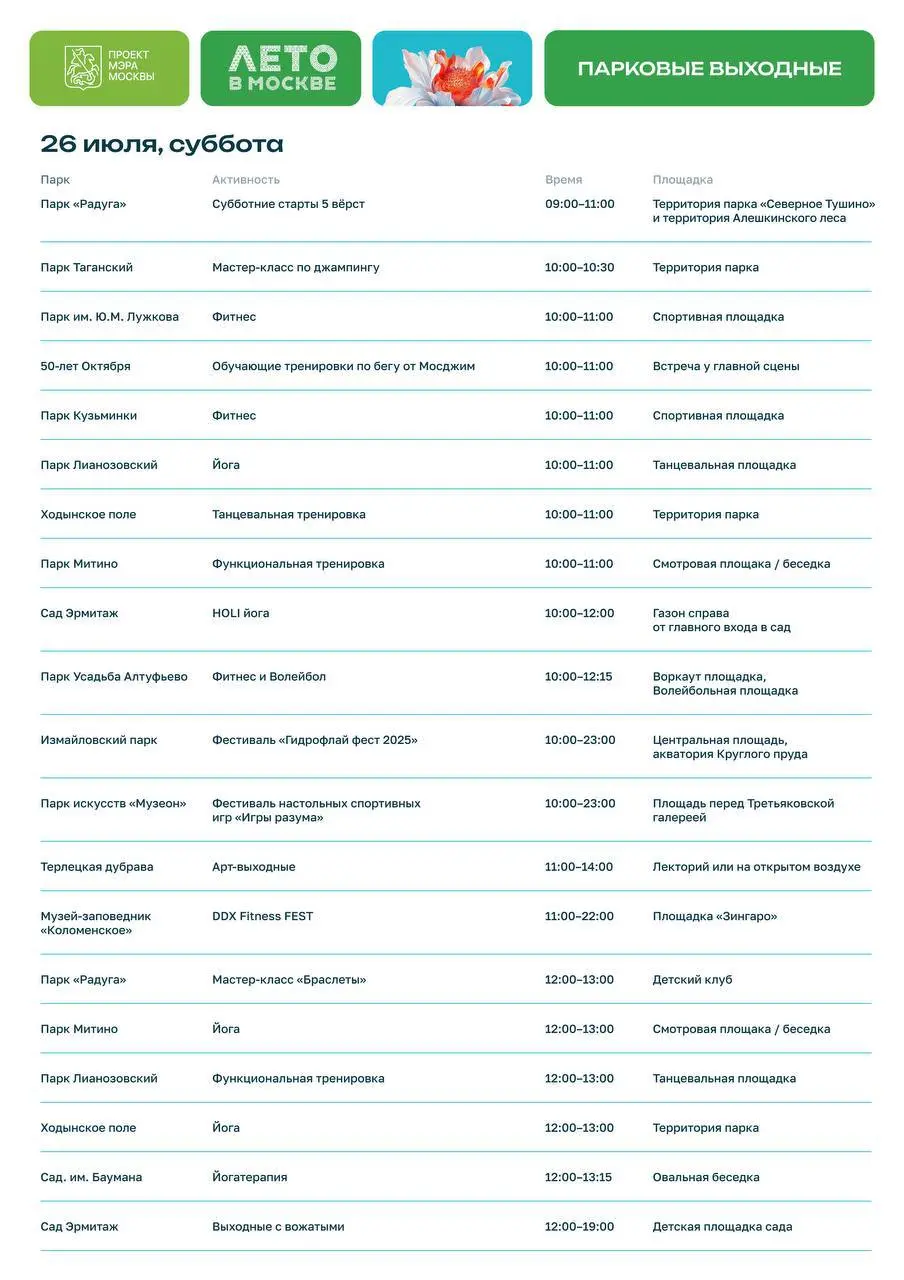 бесплатные мероприятия в парках на 25-27 июля