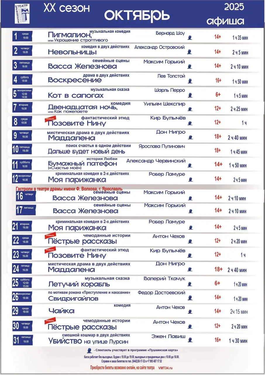 Репертуар Волгоградского молодёжного театра на сентябрь и октябрь 2025 года