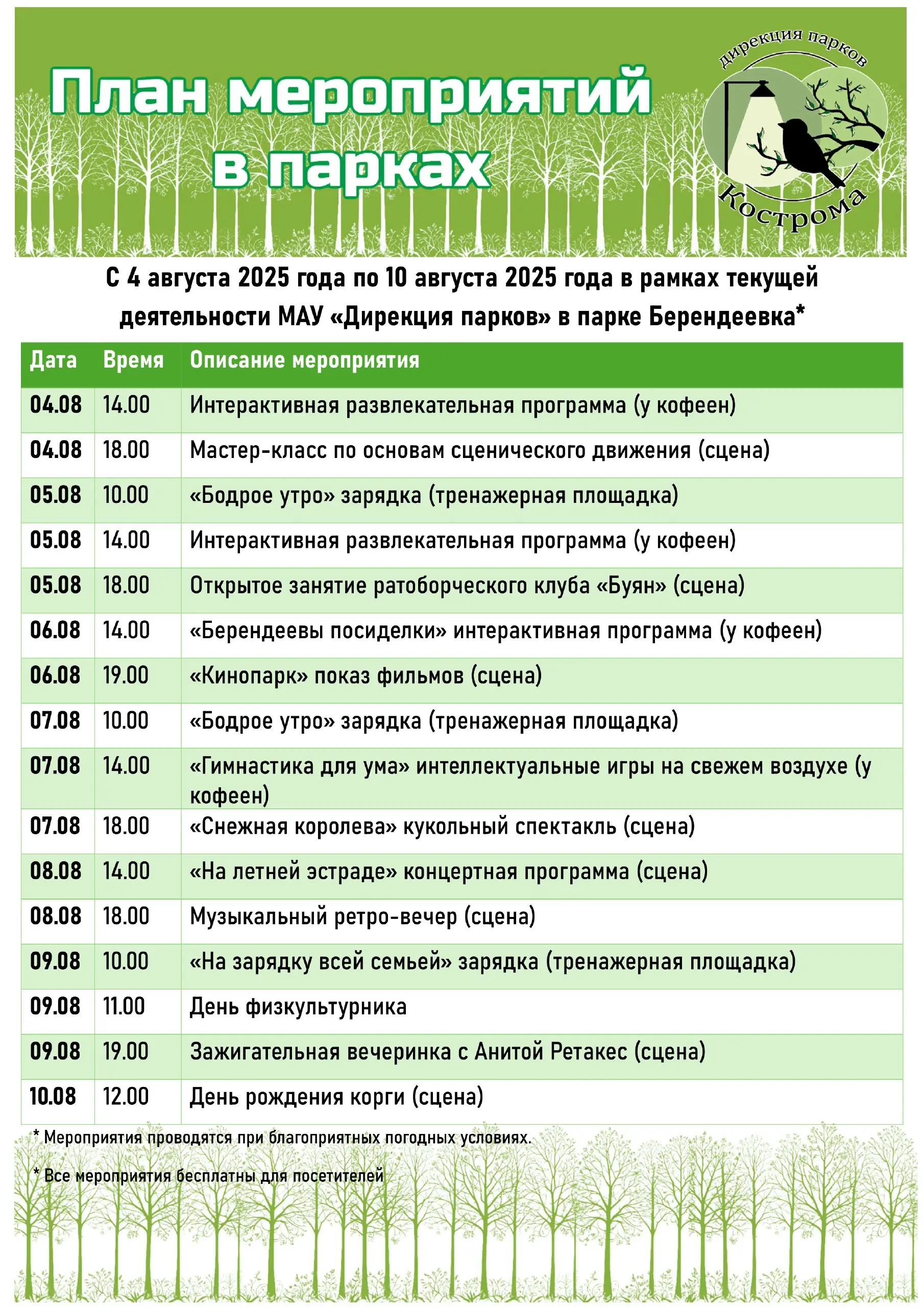План мероприятий в парках на неделю