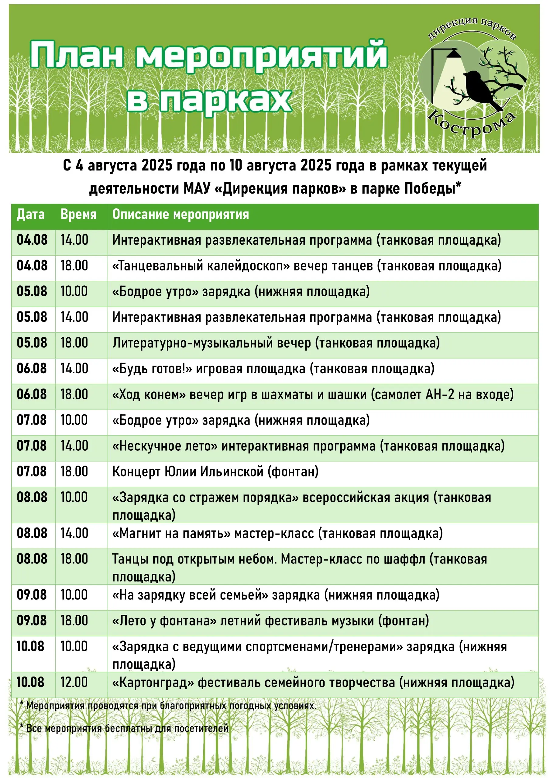 План мероприятий в парках на неделю