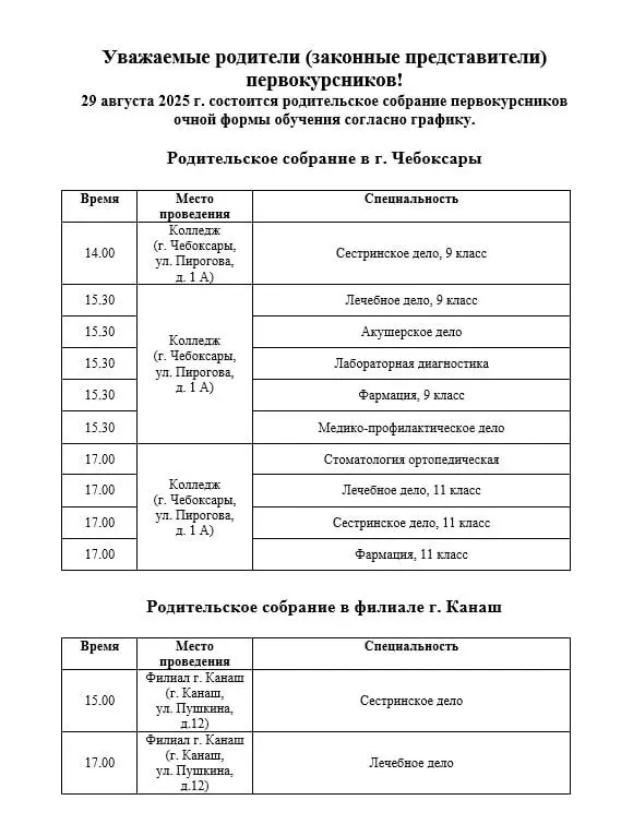 Приемная кампания 2025 года в Чебоксарском медицинском колледже: родительское собрание первокурсников очной формы обучения
