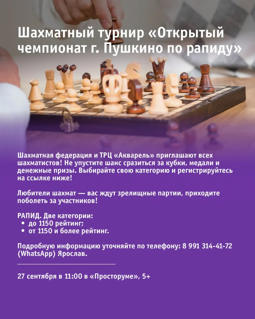 Концерт «РетроГрадус»; Шахматный турнир по рапиду; Модная вечеринка «Блеск бриллиантов»; Шахматный турнир по блицу; «Гитарники в Пушкино»