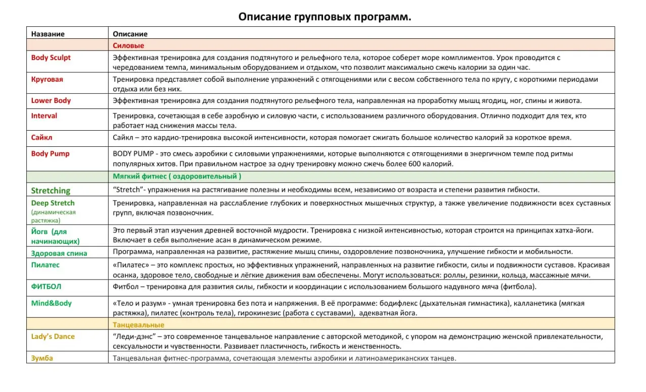 Актуальное расписание групповых программ с 1 по 26 октября