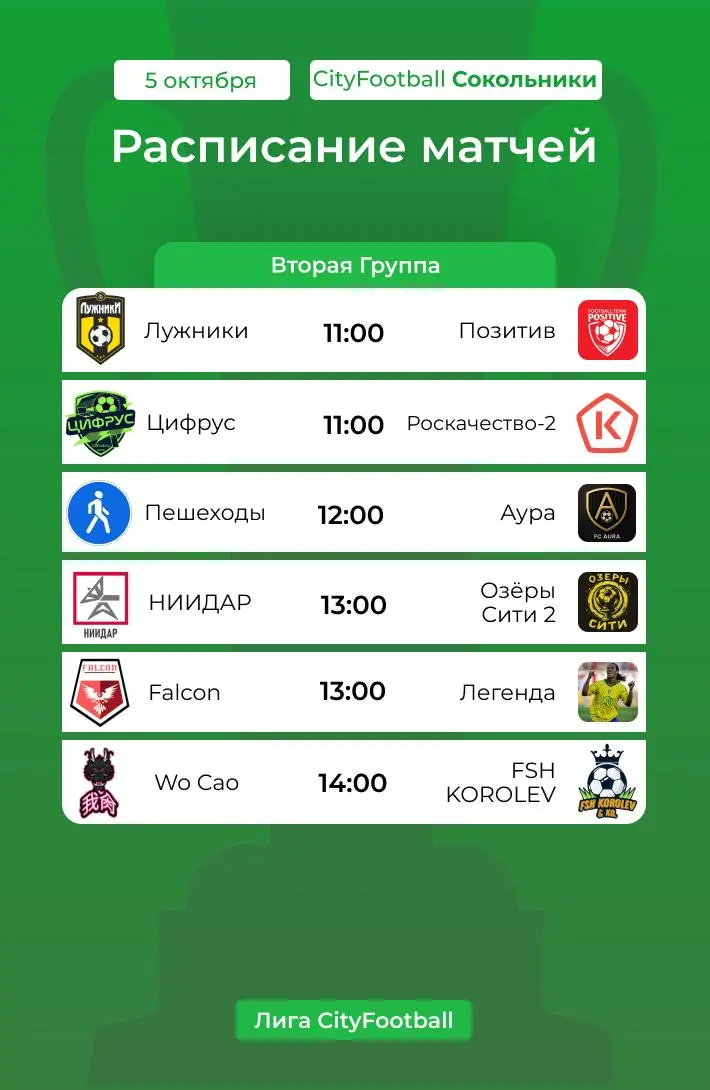 Расписание матчей Лиги CityFootball на неделе