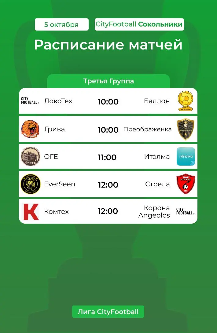 Расписание матчей Лиги CityFootball на неделе