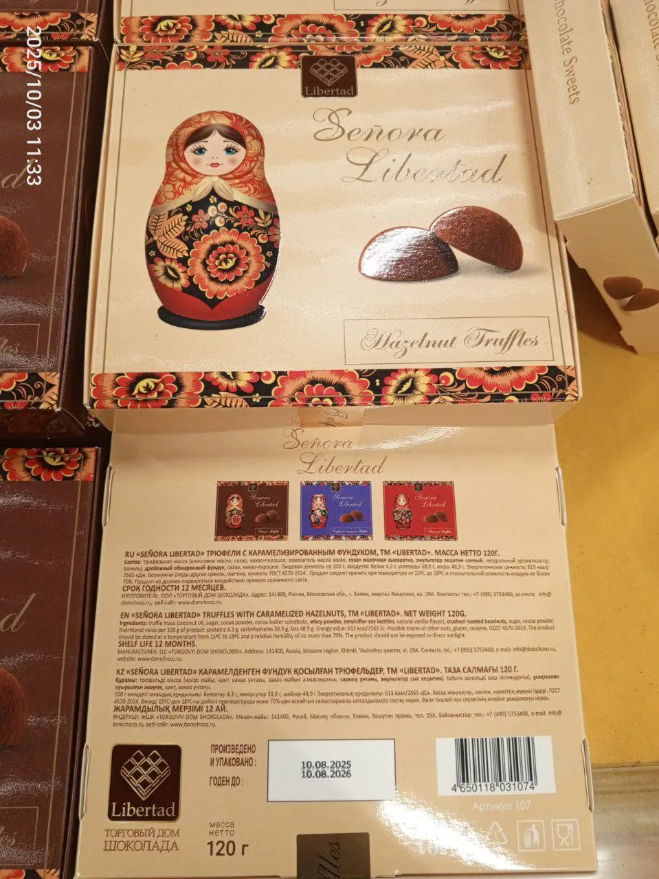 SENORA LIBERTAD TRUFFLES WITH CARAMELIZED HAZELNUTS; TM LIBERTAD. Net weight 120 g