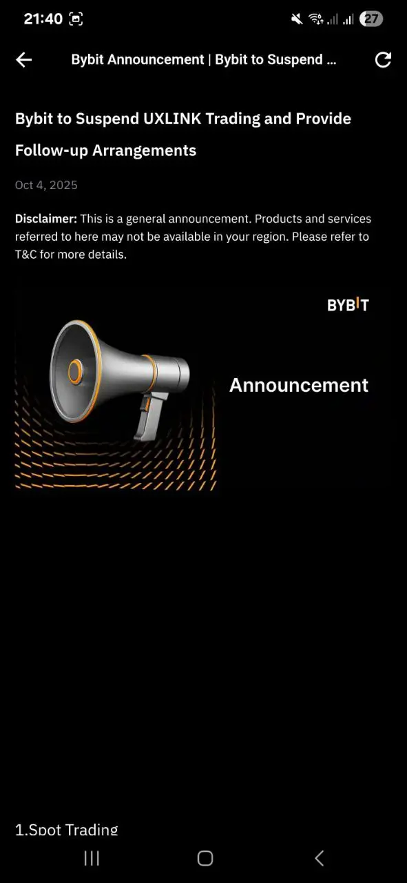 Bybit Announcement: Suspension of Spot Trading and related Services