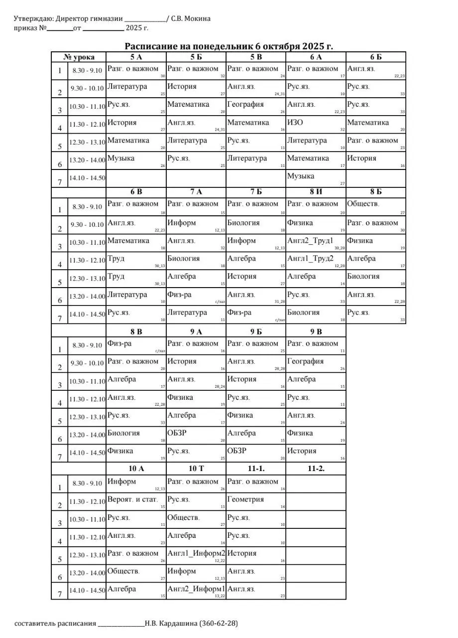 Расписание на 06.10.2025
