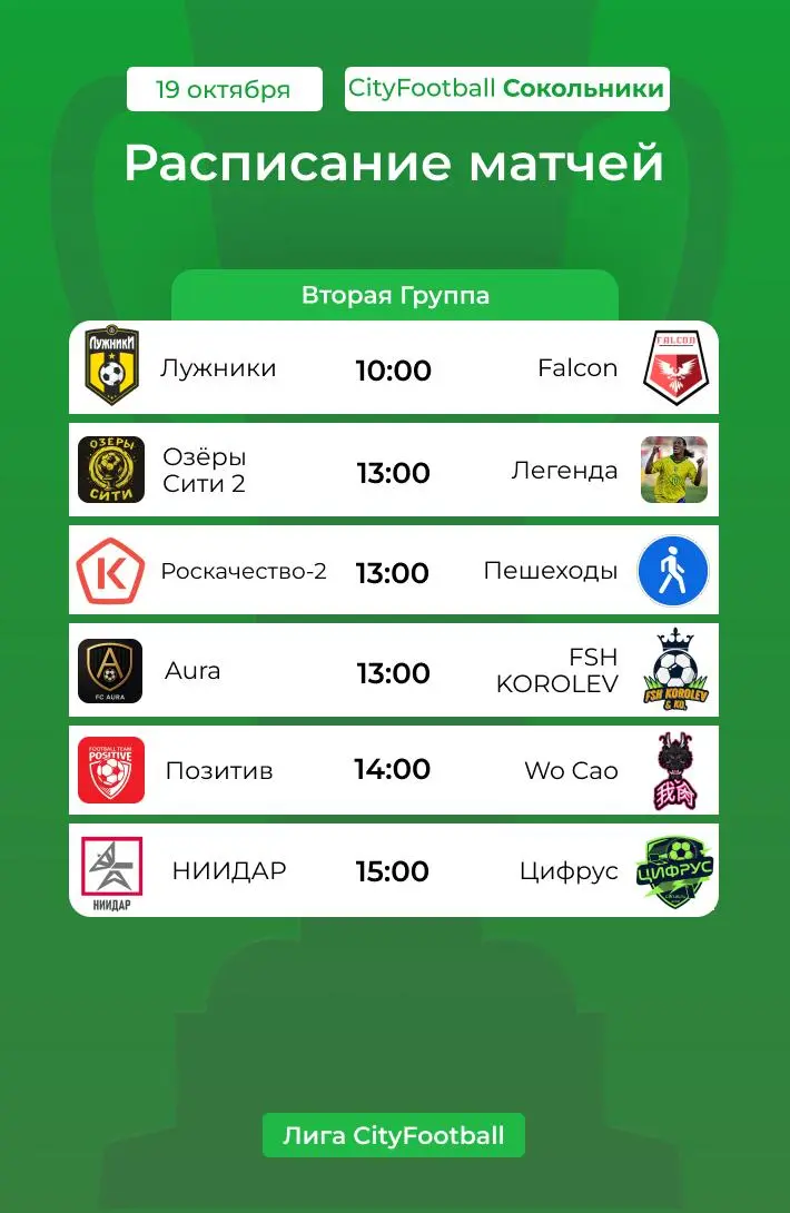 Расписание матчей Лиги CityFootball на предстоящие игровые дни