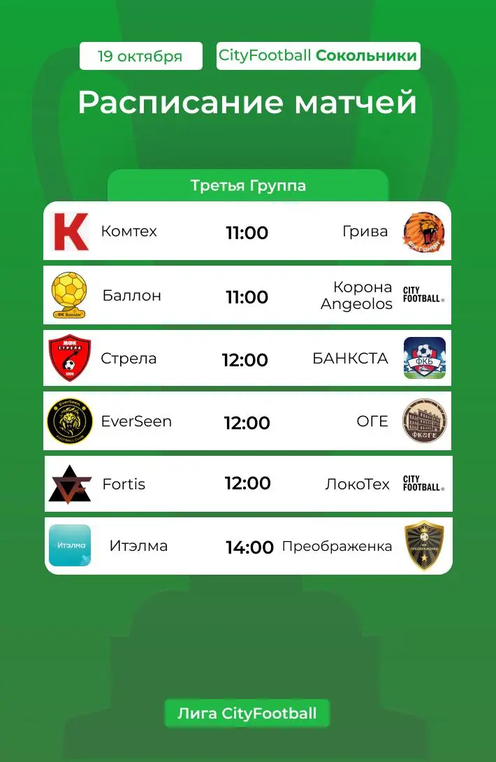 Расписание матчей Лиги CityFootball на предстоящие игровые дни
