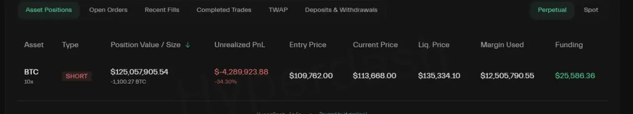 AusBt Pasions Open Orders Recent Flls Completed Trades TWAP Deposits & Withdrawals Регрешual Spot Asset Tуpe Position Value Size Unreallzed PnL Entry Price Cумент Pпce Liq Pпice Margin Used Funding BTC 10x SHORT