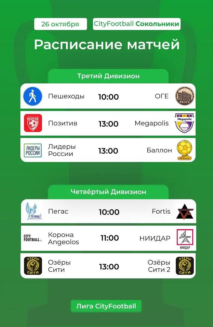 Расписание матчей Лиги CityFootball на ближайшие игровые дни