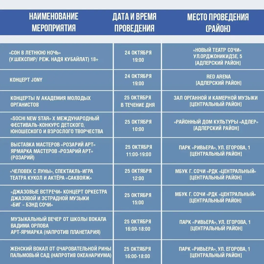 Афиша культурных и досуговых мероприятий в Сочи