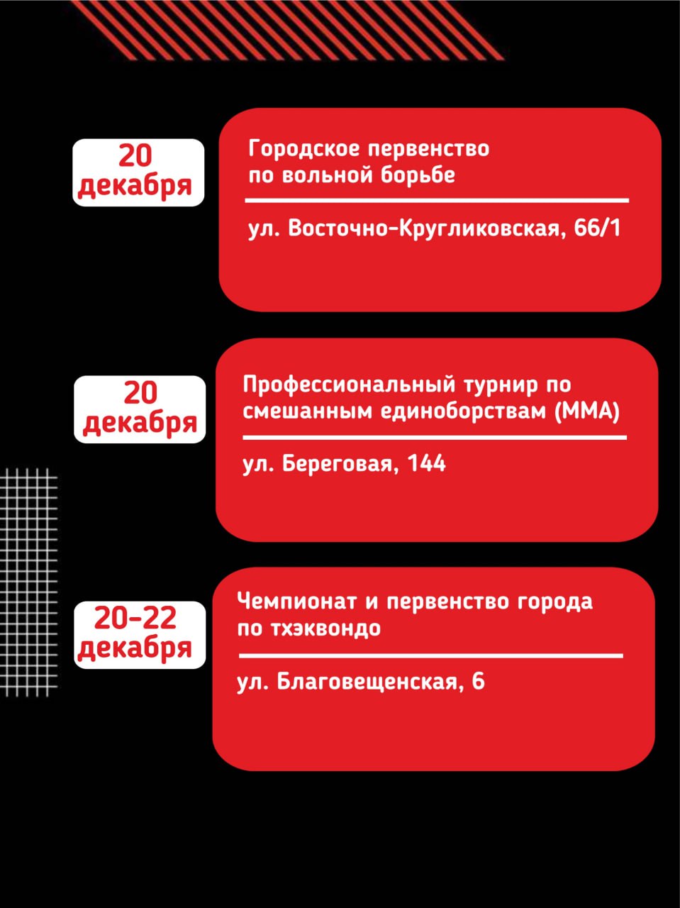От борьбы до шашек: афиша спортивных событий
