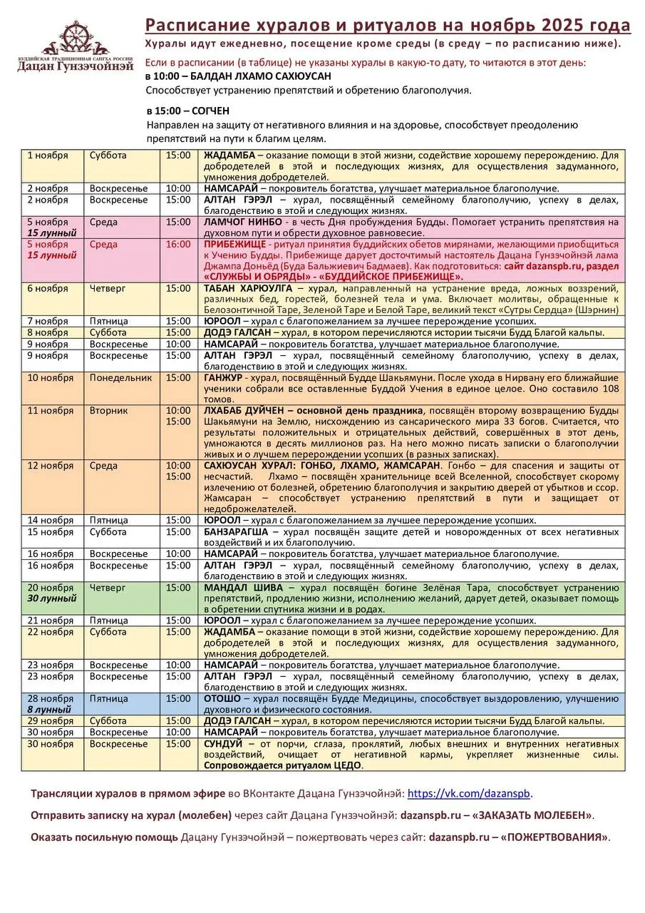 Расписание хуралов и ритуалов в Дацане Гунзэчойнэй на ноябрь 2025 года
