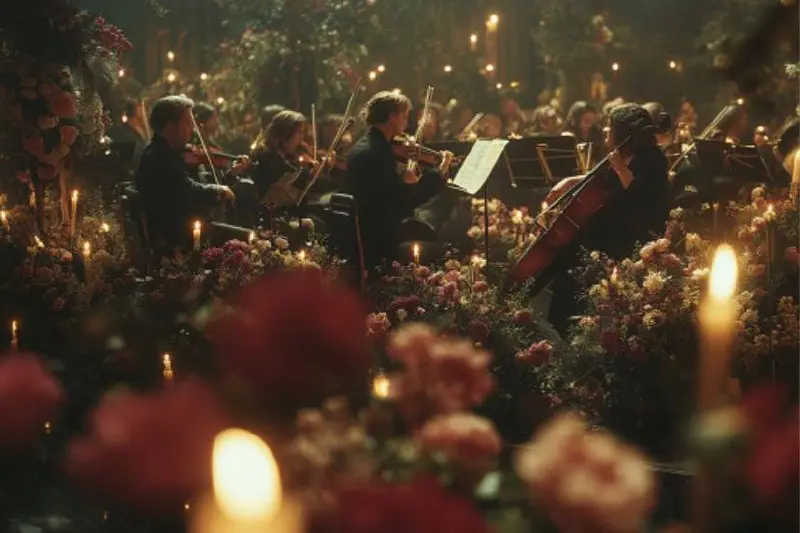 Симфонический оркестр и фортепиано при свете свечей