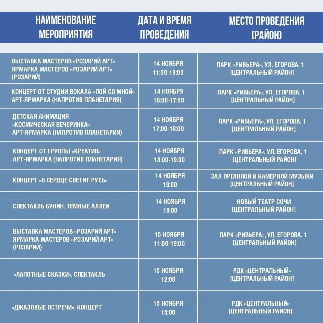 Афиша культурных и досуговых мероприятий в Сочи с 10 по 16 ноября