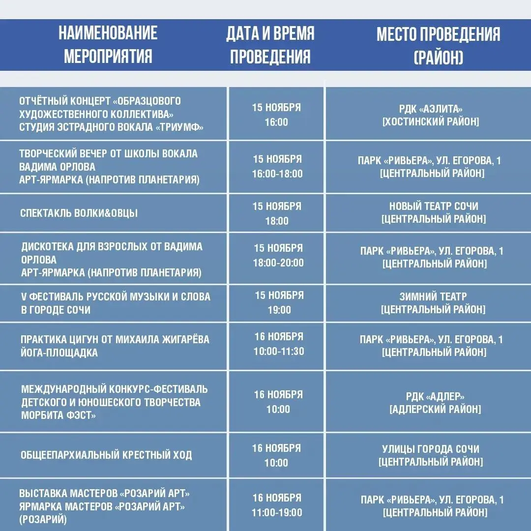 Афиша культурных и досуговых мероприятий в Сочи с 10 по 16 ноября