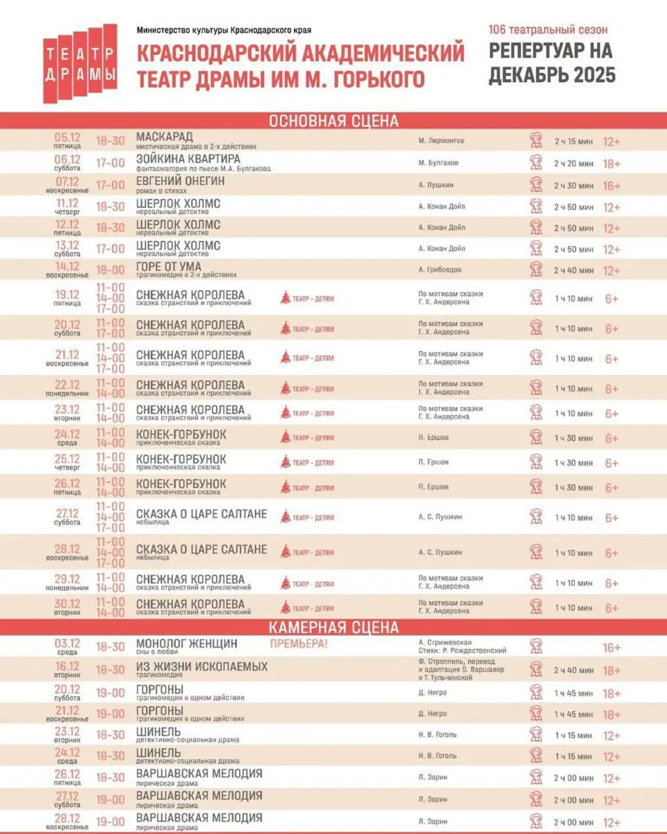 Афиша больших краснодарских театров на декабрь
