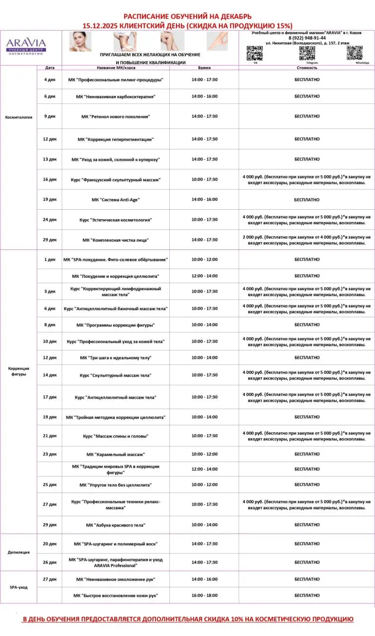 Расписание обучений на декабрь