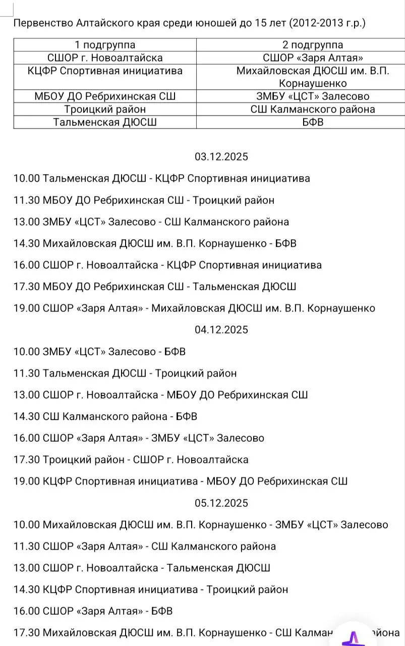 Первенство Алтайского края среди юношей
