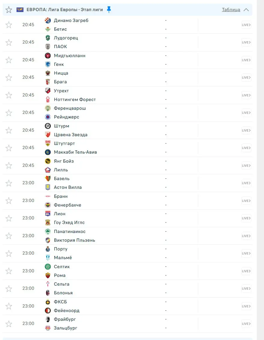 Спортивная трансляция матчей Лиги Европы